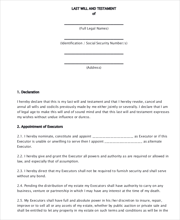last will and testament template pdf